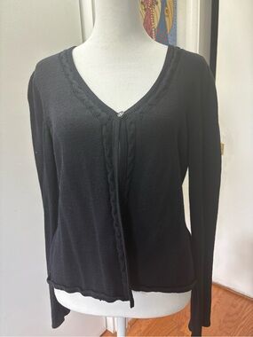 St. John Black V-Neck Cable-Trim Cardigan